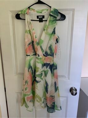 DKNY White Floral Halter Dress with Coral & Green Accents